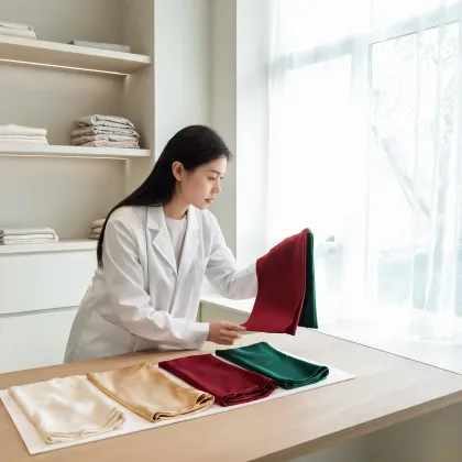 Color specialist checking silk swatches