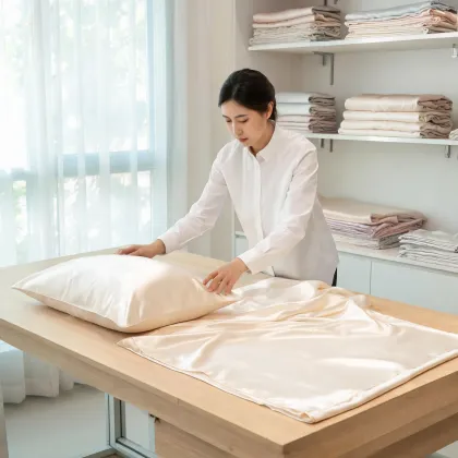 Silk product specialist arranging pillowcases