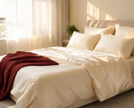 Silk comforter layered on a bed