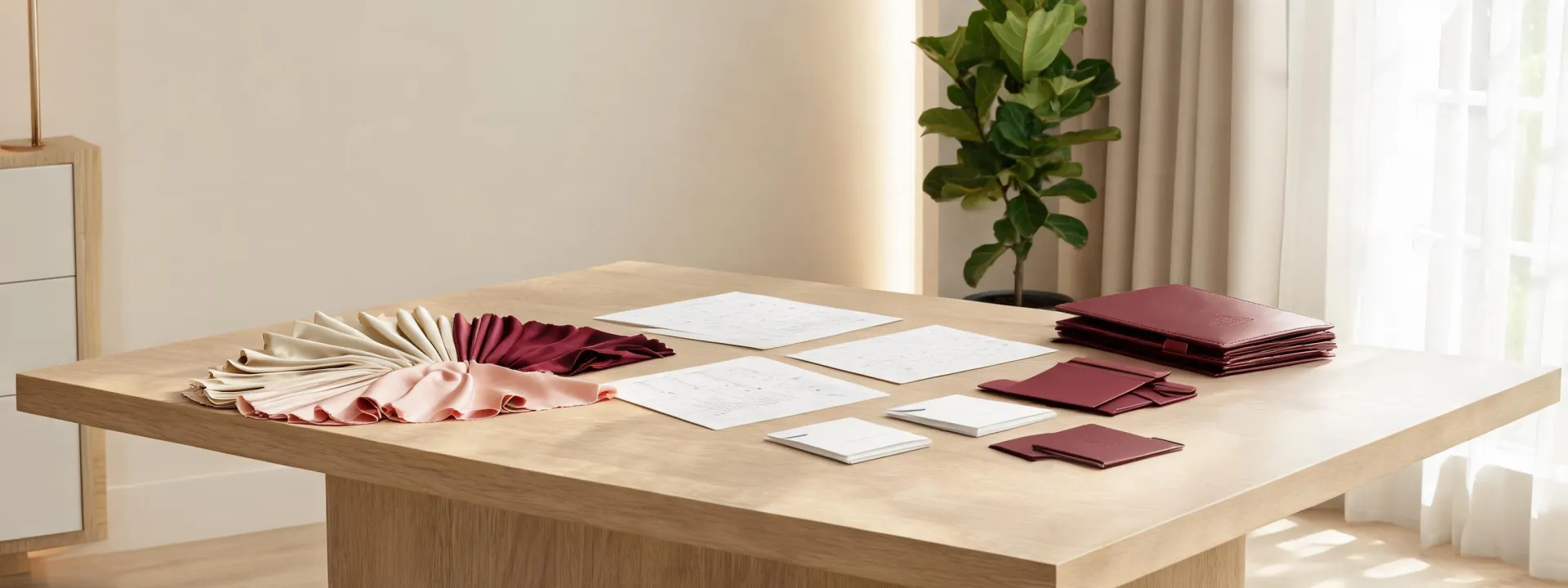 Lilysilk consultation table with silk swatches and bedding plan