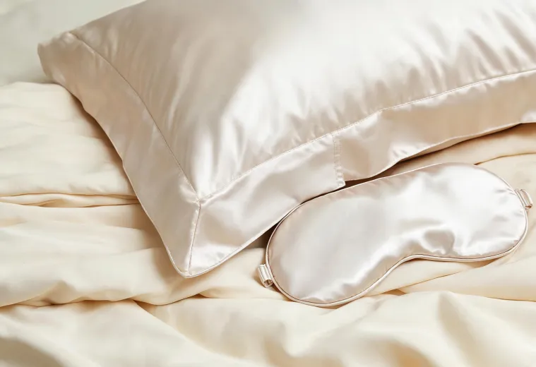 Mulberry silk pillowcase and eye mask in a refined bedroom setting