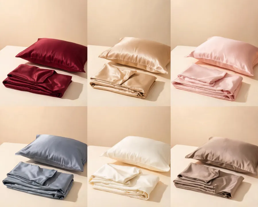 Lilysilk pillowcases and sheets arranged by color and fabric finish