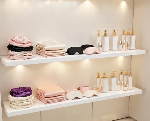 Beauty salon shelf with silk bonnets and pillowcases